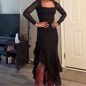 Elegant Black Mesh Long Sleeve Mesh Ruffled Dress